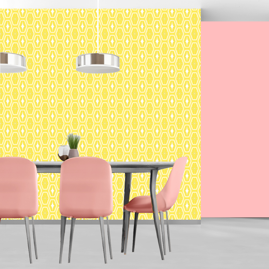The artwork consists of a repeating geometric pattern featuring hexagonal shapes filled with two different designs. One design inside the hexagons includes a symmetrical starburst or asterisk-like figure with lines radiating from a central point, each line ending in a small circle. The other design features a white diamond shape with extended pointed ends within the yellow hexagon. These hexagons are outlined with a white border and set against a soft yellow background creating a vibrant, retro aesthetic. The use of yellow, white colors, along with the symmetrical arrangement, gives the pattern a mid-century modern, playful style.